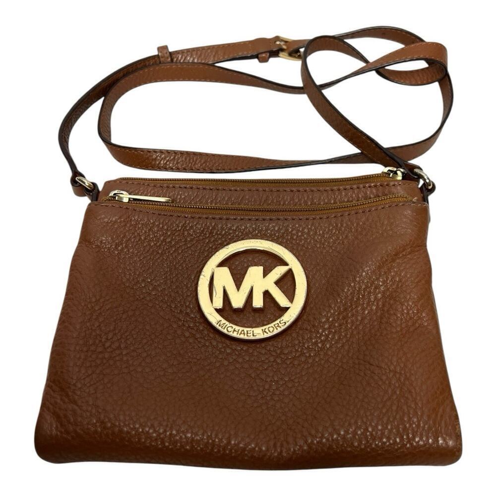 Michael Kors Women's Handbag Purse Brown Pebbled Leather MK Double Zip Crossbody
